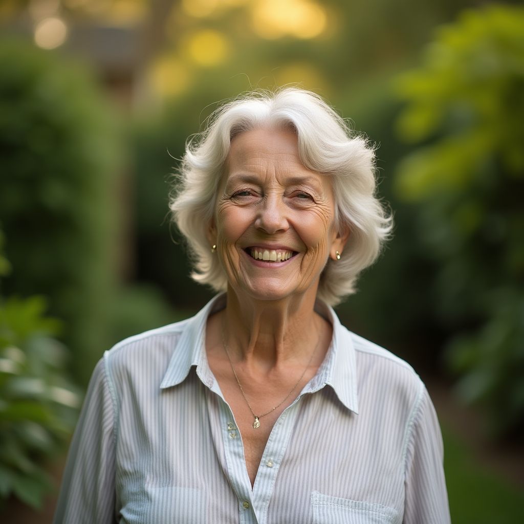 Sarah, a Surrey Hills resident in her garden